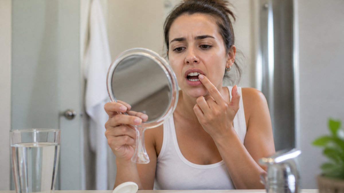 A person in a bright bathroom holding a small hand mirror and examining their front tooth, with a tube of dental wax and a glass of water on the counter nearby