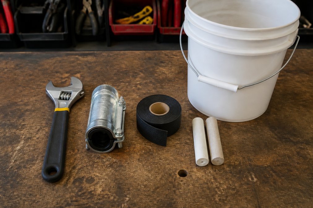 A flat lay of plumbing repair tools on a workbench: epoxy putty sticks, a roll of self-fusing silicone tape, a pipe repair clamp, an adjustable wrench, and a bucket, lit by overhead work light