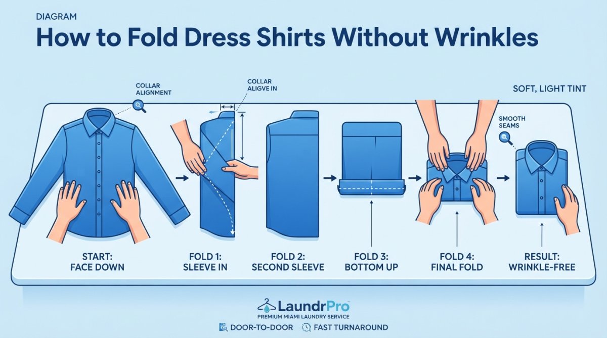 Hands carefully folding a crisp dress shirt on a clean white surface, showing proper collar protection and seam alignment with natural window lighting