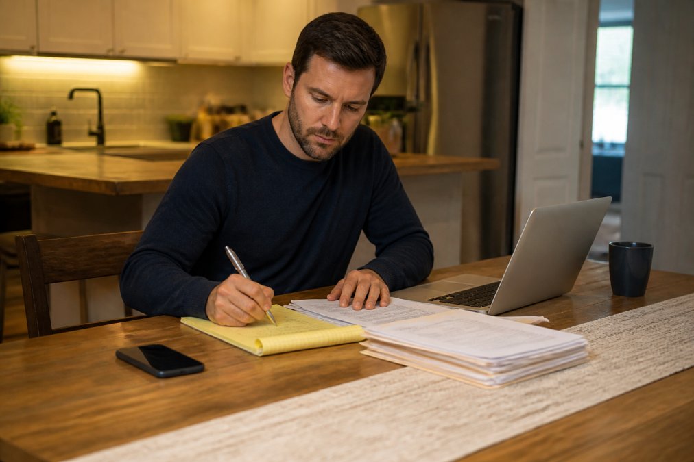 Process chart showing a person gathering documents to request an old accident report at a kitchen table.