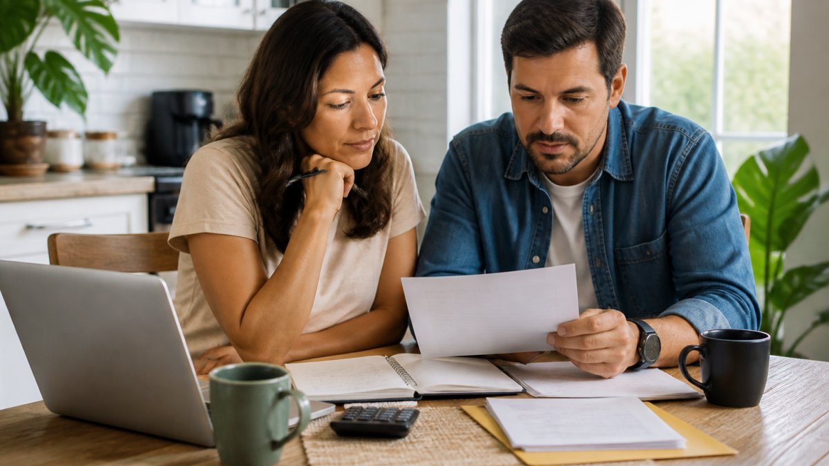 A couple in their thirties sitting at a kitchen table with a laptop, notepad, and coffee, reviewing financial documents together in a bright home setting