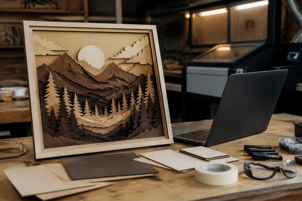 Infographic showing the best way to layer images for Lightburn, featuring a multi-layer wood art panel and design file.
