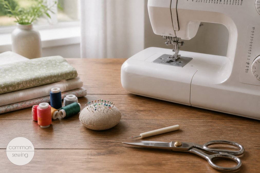 A neat collection of beginner sewing supplies arranged on a wooden table: a modern sewing machine, fabric scissors, a pin cushion with glass-head pins, a seam ripper, and colorful spools of thread in soft natural window light