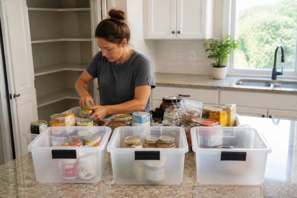 A person emptying a narrow pantry onto a kitchen counter, sorting items into clear plastic bins labeled keep, donate, and toss, warm morning light through a window