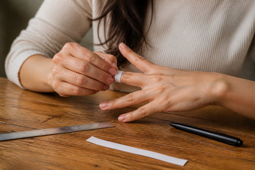 Close-up of a woman's hands wrapping a thin strip of paper around her ring finger at a wooden table, with a ruler and pen nearby in soft natural light