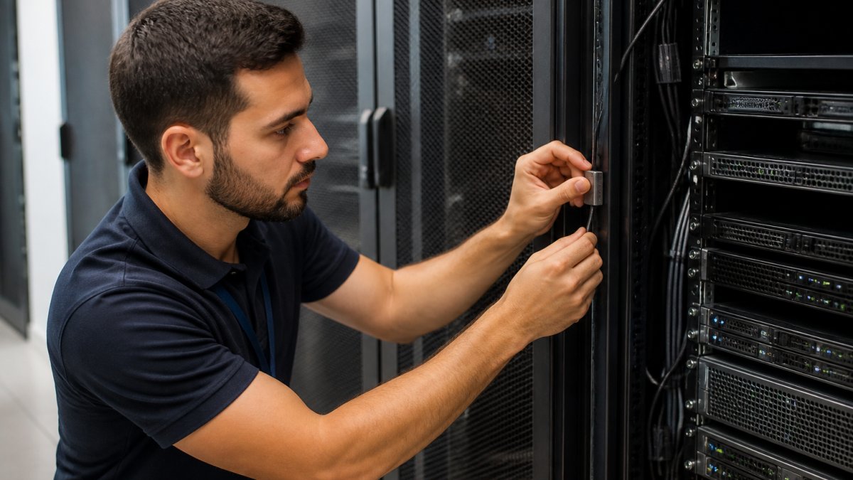 A technician in a server room carefully attaching a temperature sensor probe to the front rail of a server rack at mid-height, with cables neatly routed and other racks visible in the background