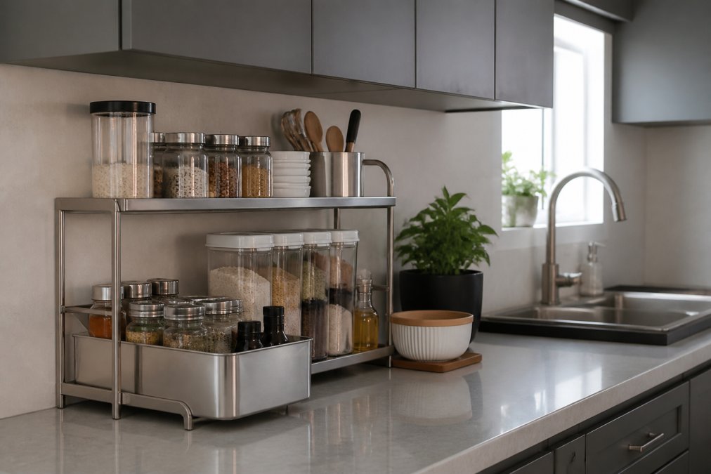 Close-up of a small apartment kitchen counter with organized tiered shelves, stainless steel organizers, and minimal clutter, showing efficient use of limited space