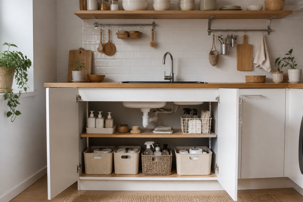 Modern small kitchen with Scandinavian-inspired minimalist design, clean white and natural wood tones, wall-mounted racks, and organized under-sink area