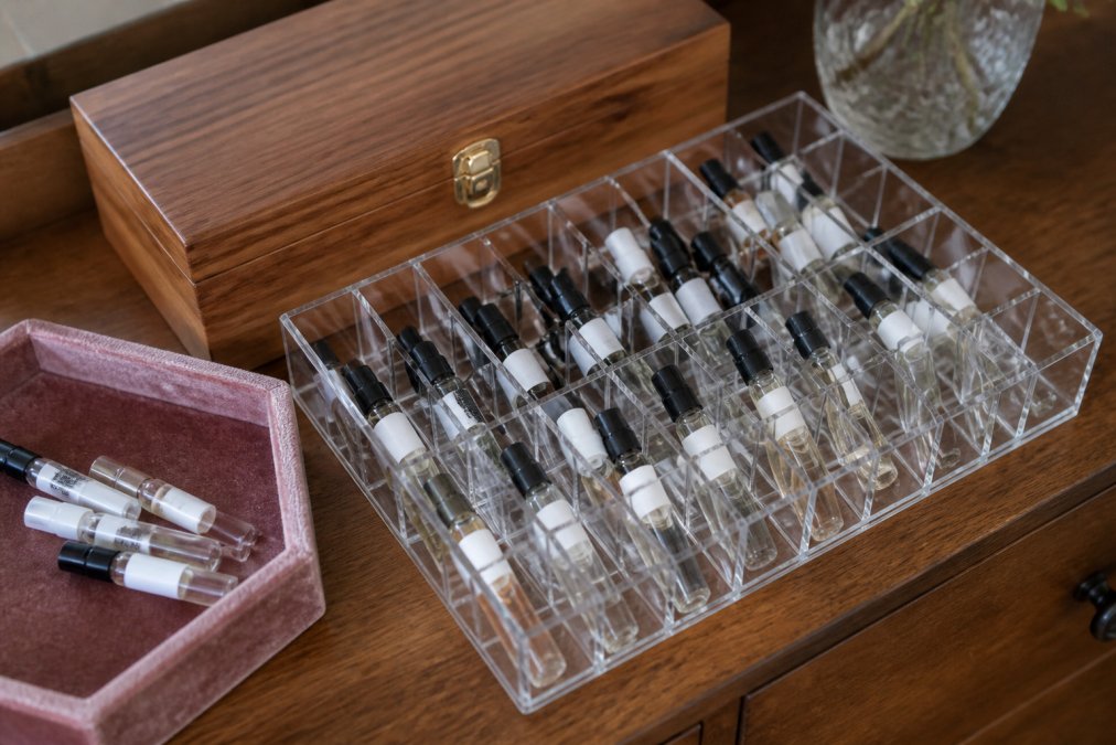 A close-up overhead shot of a clear acrylic organizer filled with small glass fragrance vials, each labeled with a white sticker, sitting on a wooden vanity next to a small velvet tray and a wooden storage box