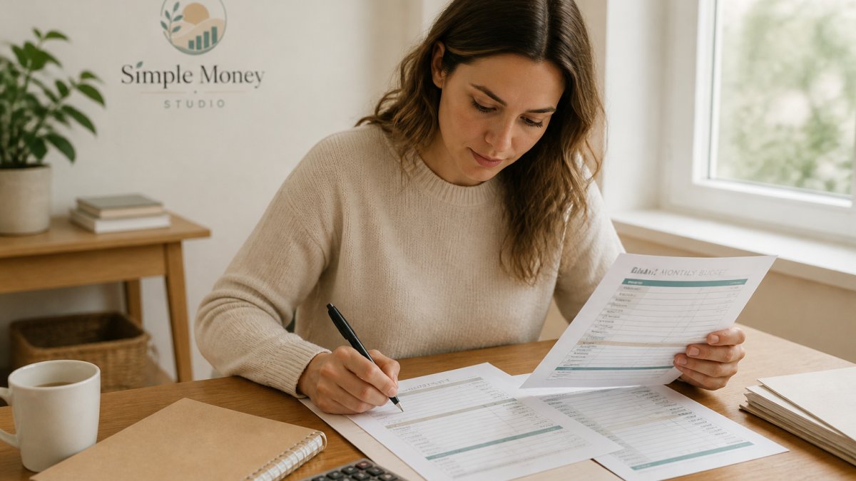 Person sitting at a desk with printed budget worksheets, a calculator, and a pen while organizing financial papers.