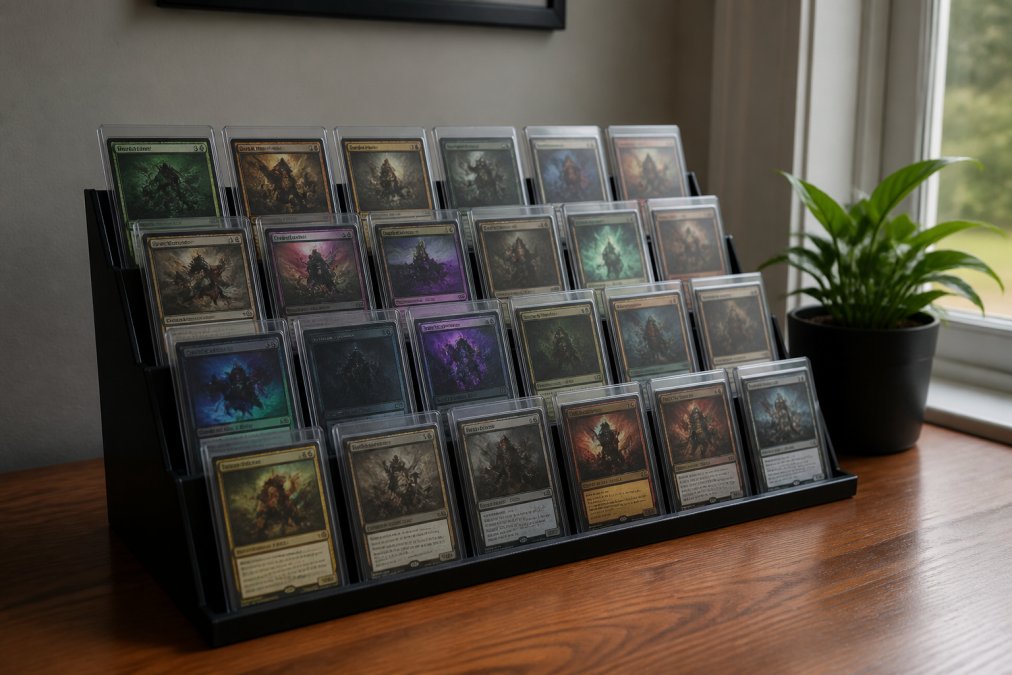 A close-up photograph of a tiered, self-standing display shelf on a wooden desk, holding rows of sleeved Magic: The Gathering cards in top loaders, with soft natural light from a nearby window