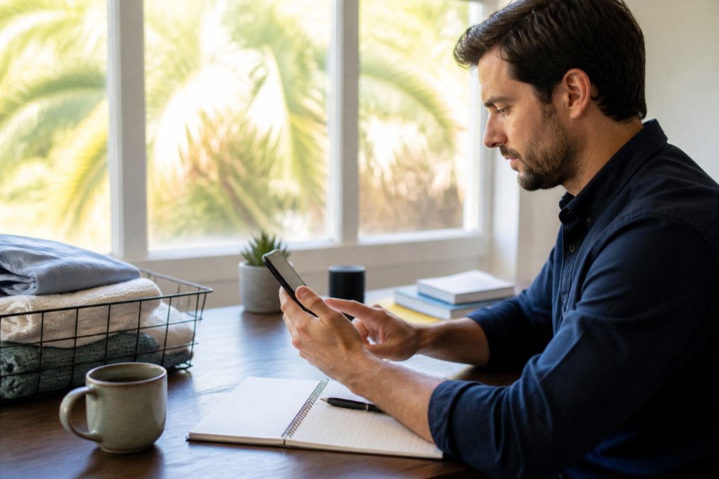 Busy professional reviewing their mobile phone calendar to schedule a laundry pickup appointment while sitting at their home desk, natural daylight streaming through the window