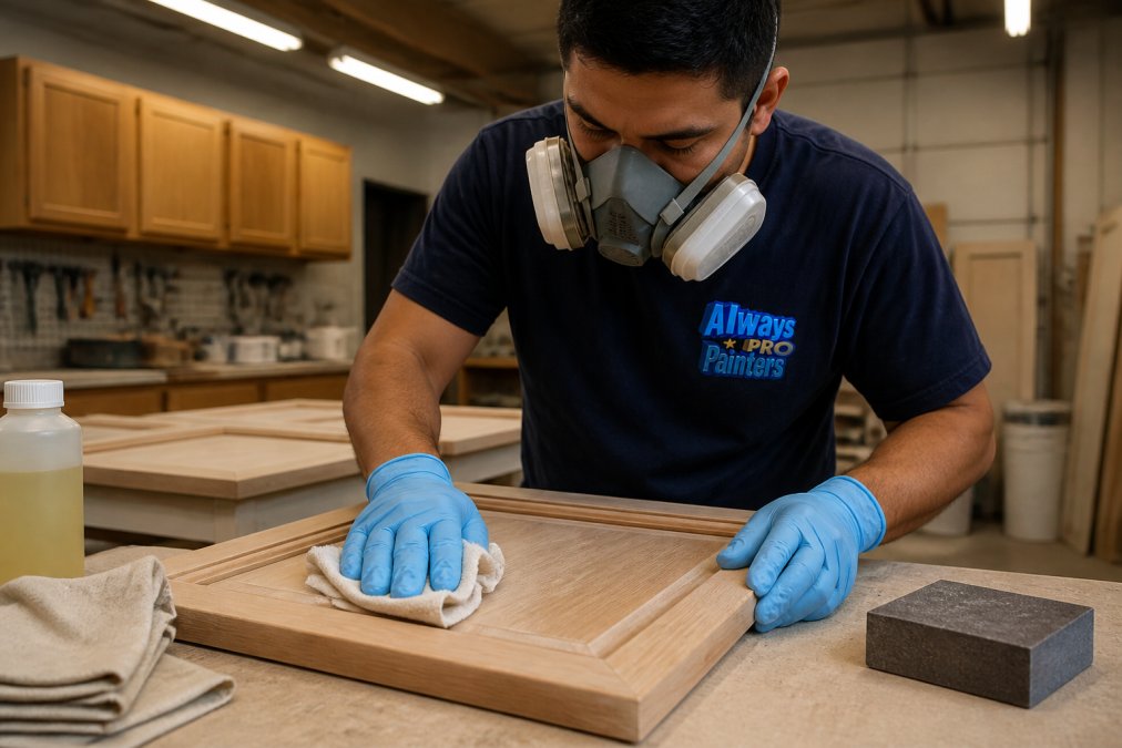 Close-up of a person wearing nitrile gloves and a respirator wiping down a bare wood cabinet door with a degreaser-soaked cloth, a sanding block and folded drop cloth visible on the workbench beside them, bright workshop lighting overhead