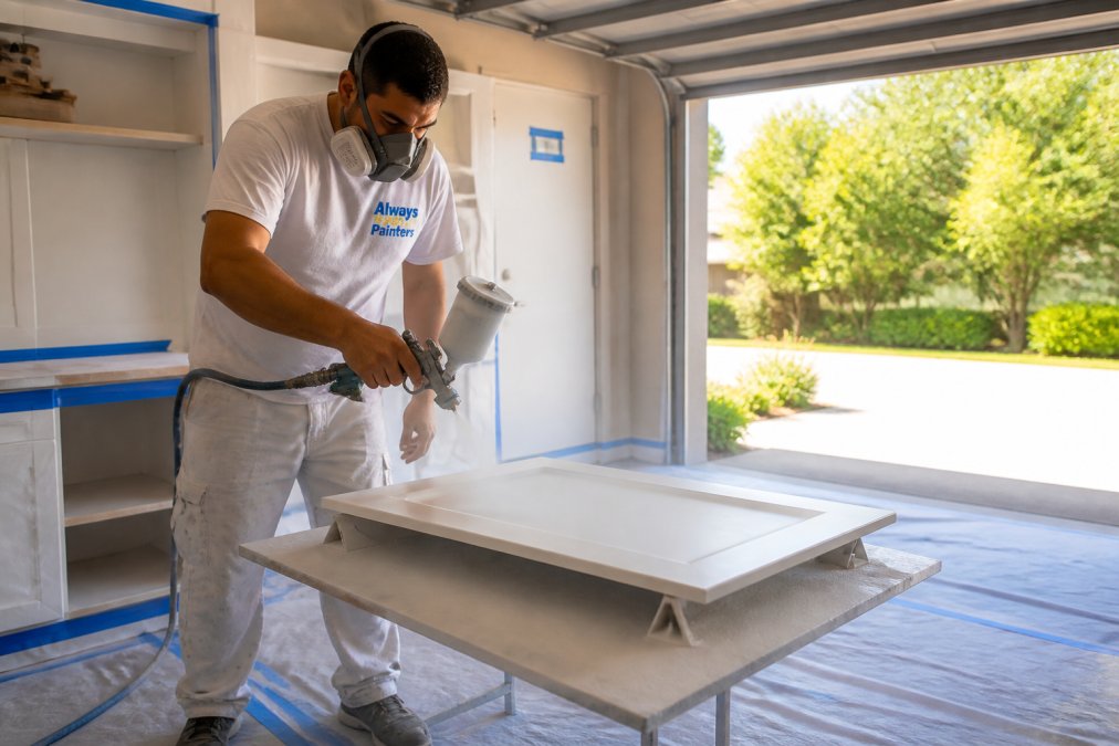 A painter using an HVLP sprayer to apply a smooth coat of white paint to a cabinet door laid flat on paint pyramids in a well-ventilated garage, painter's tape and drop cloths protecting the surrounding concrete floor, natural daylight coming through an open garage door