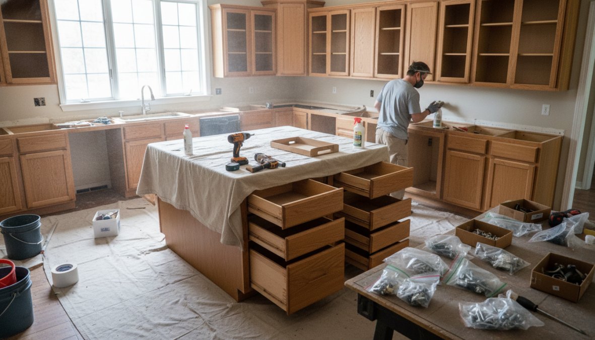 A homeowner wearing blue nitrile gloves spraying Krud Kutter degreaser onto bare wood kitchen cabinet doors laid flat on a drop cloth-covered countertop, wiping with a white cloth, with cabinet hardware and hinges set aside in a small bowl nearby, warm natural kitchen lighting