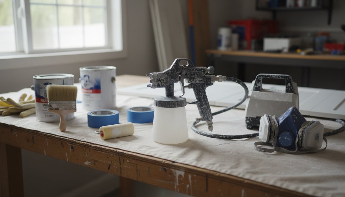 A flat lay close-up of kitchen cabinet painting tools arranged neatly on a weathered wooden workbench: a Purdy angled sash brush, a microfiber foam roller, blue painter's tape roll, a folded tack cloth, and an HVLP spray gun with a small paint cup attached, shot under bright workshop lighting