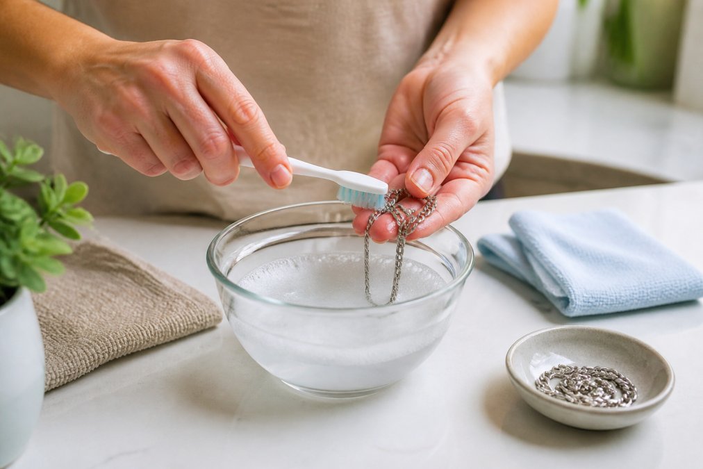 Close-up of hands gently scrubbing a stainless steel necklace with a soft-bristled toothbrush and a bowl of soapy warm water on a clean white countertop