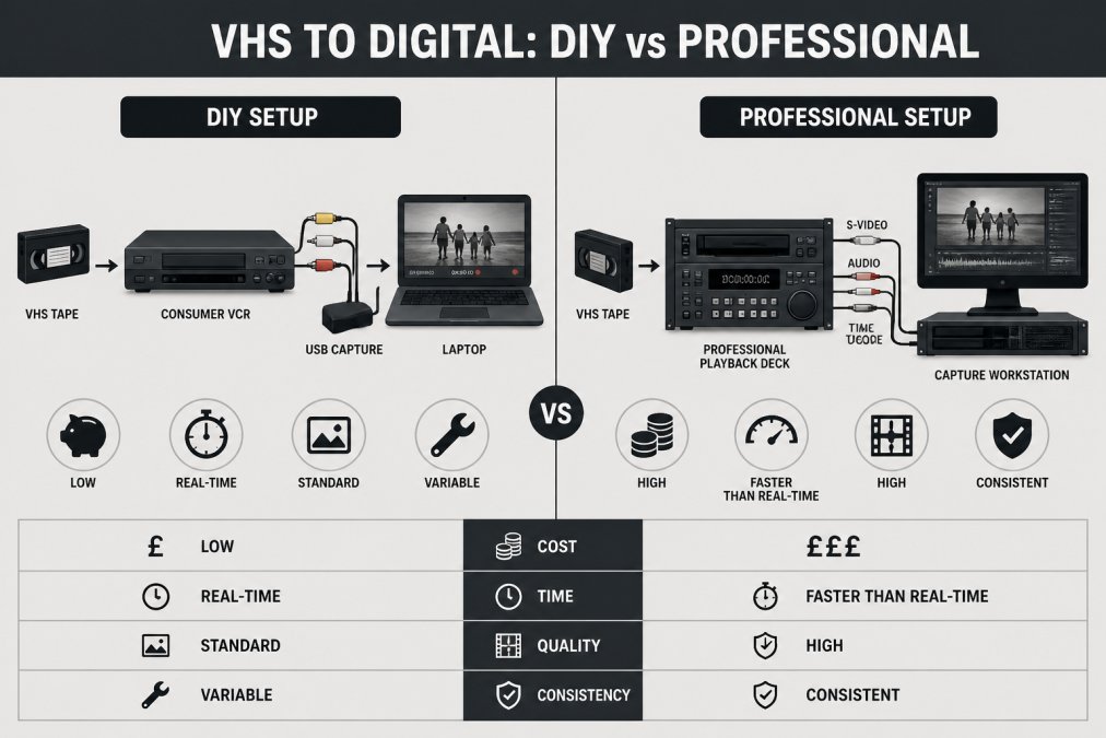 A side-by-side comparison of a consumer VCR connected to a laptop via a USB capture card versus a professional rack-mounted playback deck with a dedicated capture workstation