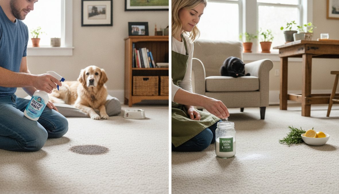 Side-by-side comparison of person and casual and clothes concepts for best way to remove carpet odors