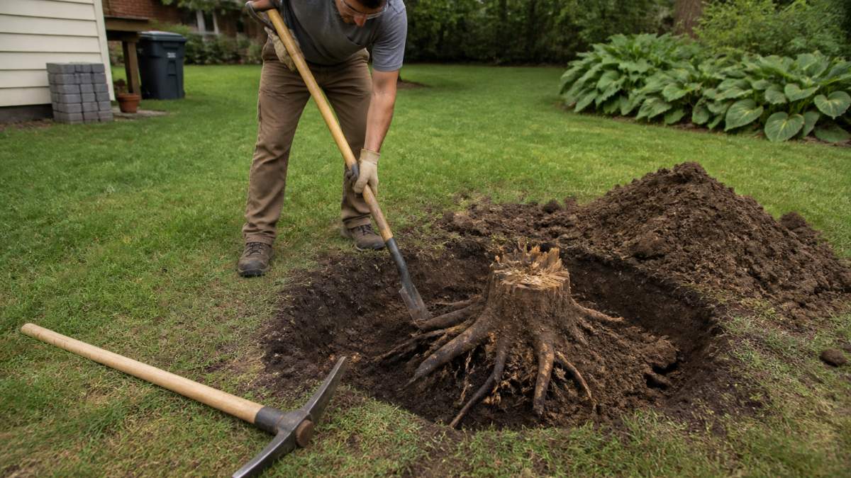 A homeowner in work gloves using a shovel and mattock to dig around the base of a medium-sized tree stump in a residential yard, with exposed roots and a pile of soil beside the hole