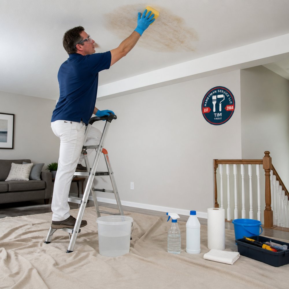 A homeowner on a stepladder wearing safety goggles and gloves, dabbing a bleach solution onto a brown water stain on a white ceiling with a sponge, drop cloth on the floor below