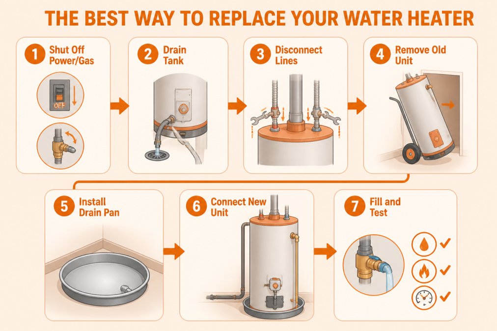 Process diagram showing steps for replace water heater