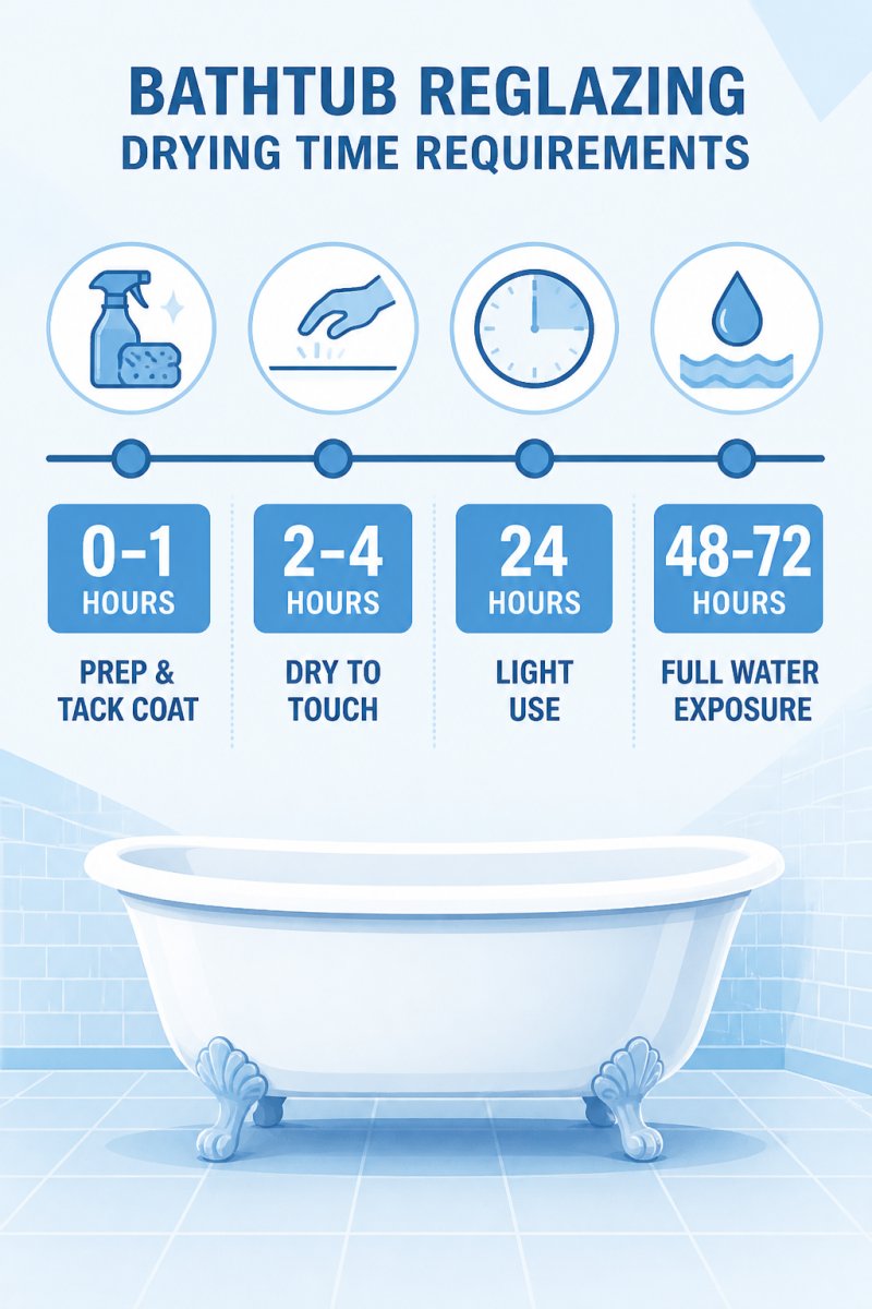 Timeline showing bathtub reglazing drying phases: prep and tack coat at 0-1 hours, dry to touch at 2-4 hours, light use at 24 hours, full water exposure at 48-72 hours