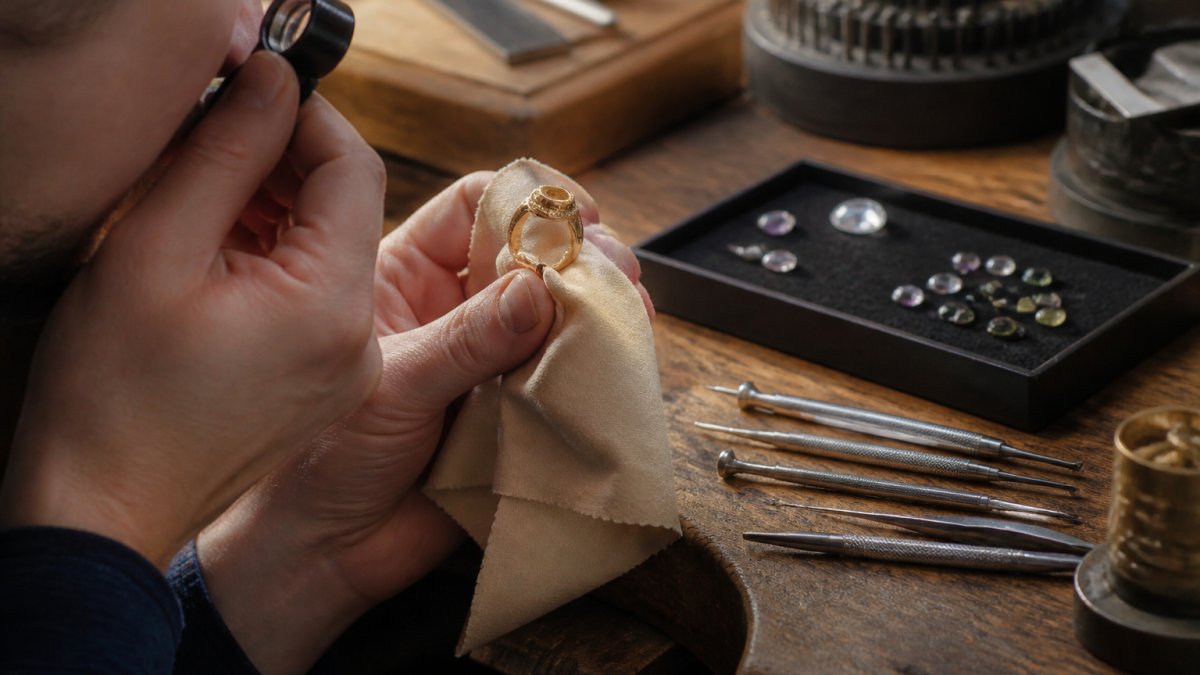 A jeweler's hands using a loupe and soft polishing cloth to examine an antique gold ring with milgrain detailing at a well-lit workbench, small tools and a tray of gemstones nearby