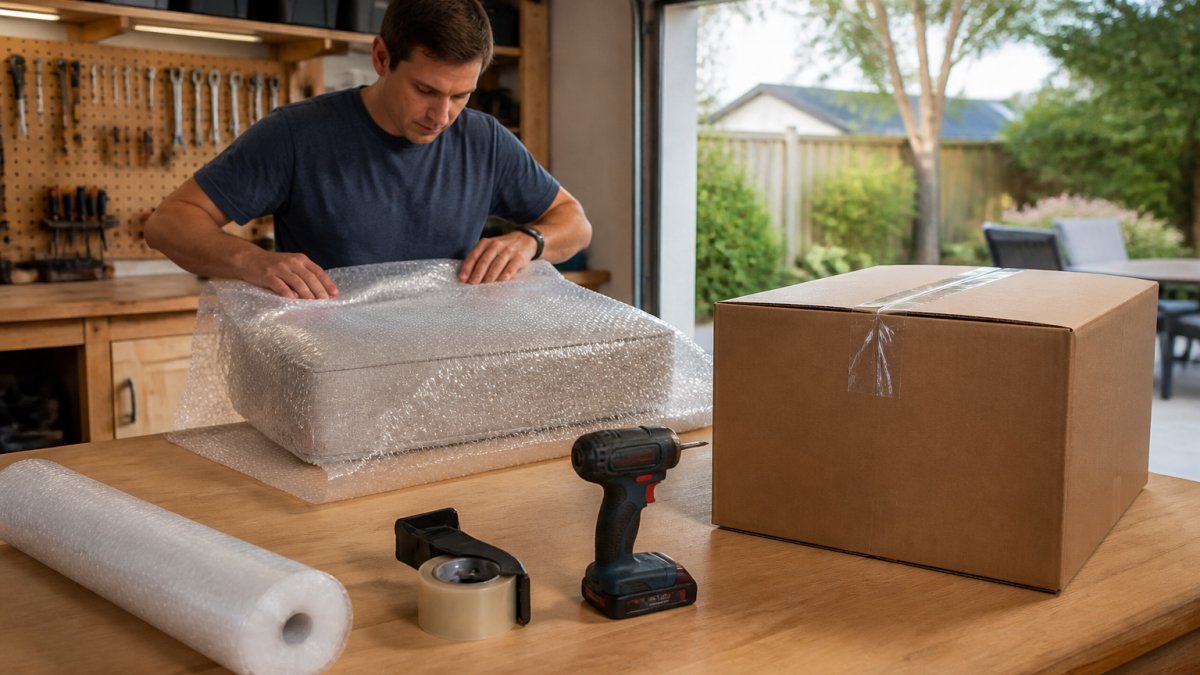 Homeowner wrapping a patio cushion in bubble wrap and packing it into a cardboard box in a garage workspace