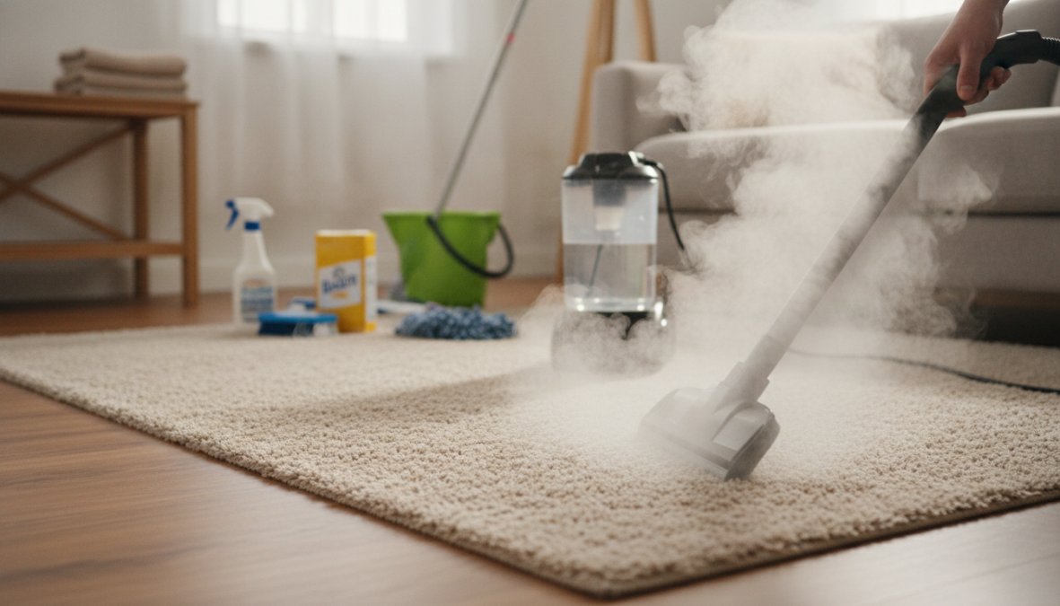 Person pressing a steam cleaner across a light-colored wall-to-wall carpet in a sunlit living room, visible steam rising from the carpet surface, cleaning supplies on a side table nearby