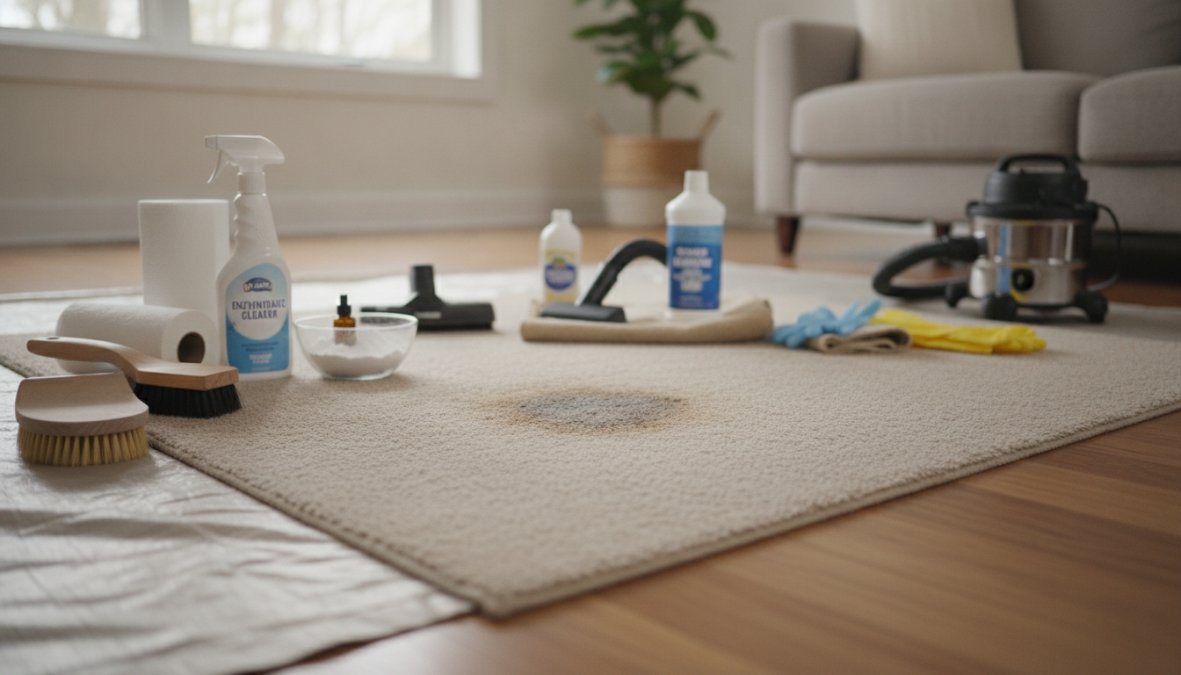 Close-up of [carpet cleaning](/lake-geneva-carpet-cleaning-buyer-beware/) supplies arranged on a cream-colored carpet: an enzyme spray bottle, a pile of white folded towels, a small bowl of baking soda, and a soft-bristle brush, suggesting a pet stain cleanup in natural window light