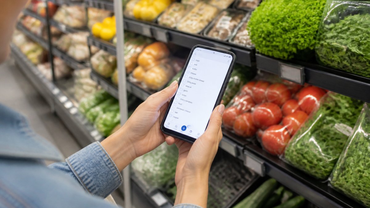 Person holding smartphone showing a grocery list app while standing in a grocery store aisle with fresh produce and packaged items visible on shelves behind them