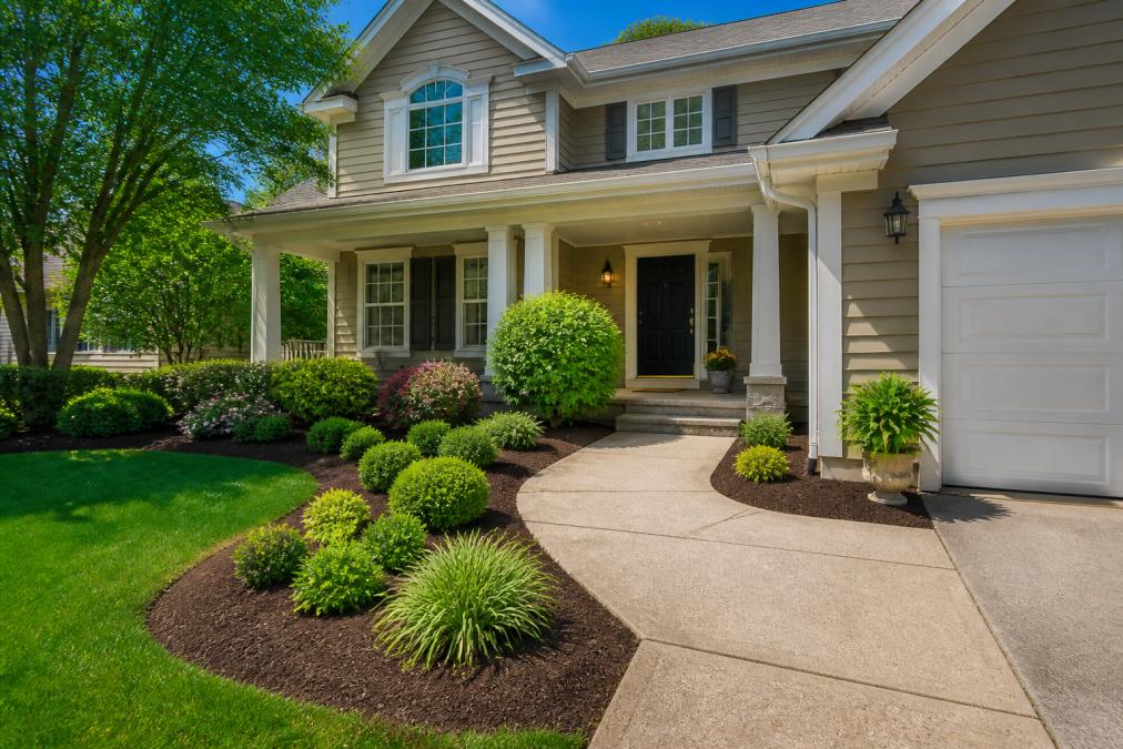 Well-maintained home exterior with manicured landscaping, clean walkway, fresh mulch in flower beds, and inviting painted front door on a bright sunny day
