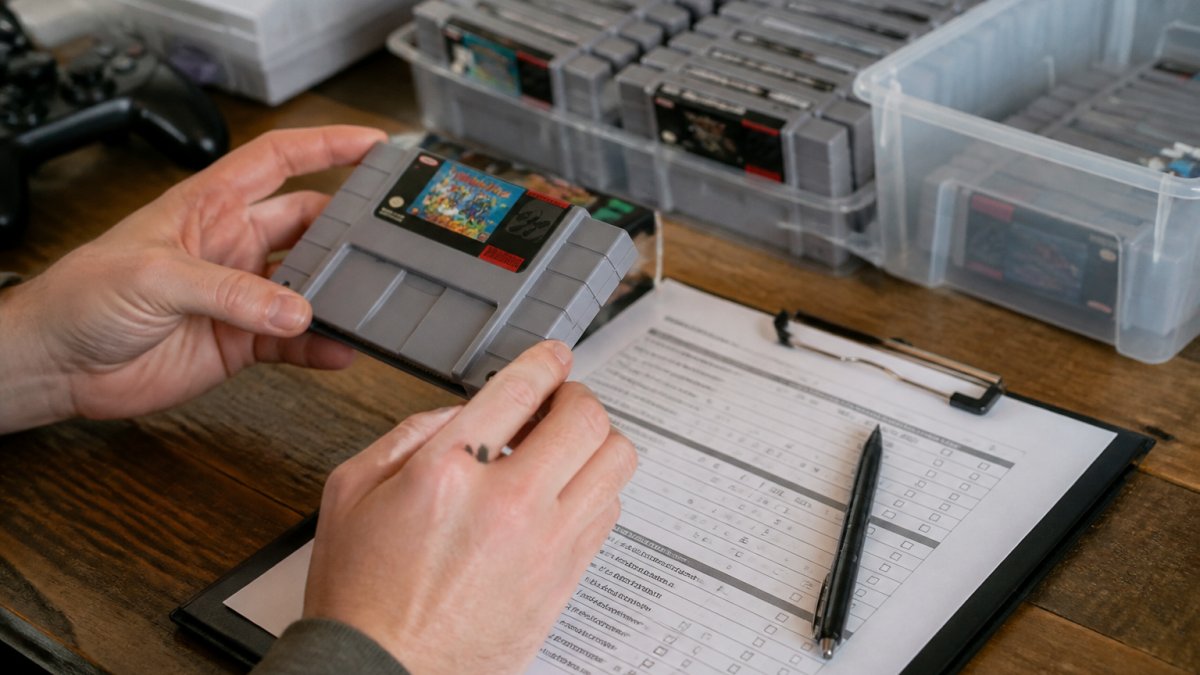 Checklist diagram showing how to assess and inventory items before you sell retro game collection pieces.