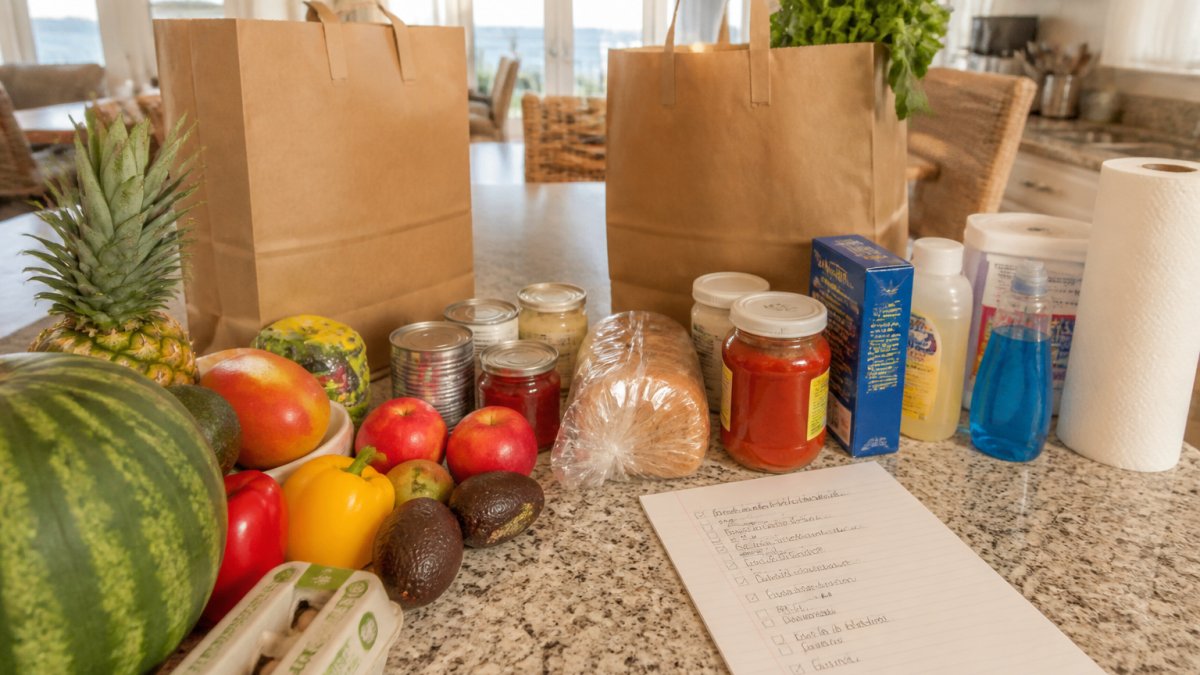 A bright vacation rental kitchen counter with paper grocery bags being unpacked, fresh produce, pantry items, and a handwritten checklist resting on the counter in morning light