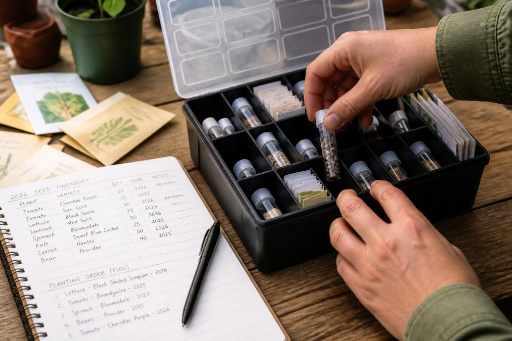 Gardener organizing labeled seed vials into a compartmented storage box with a written inventory log nearby
