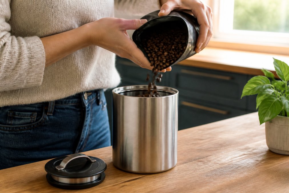 A close-up of hands filling an opaque stainless steel coffee canister with freshly roasted whole beans on a wooden kitchen counter, soft morning light from a window