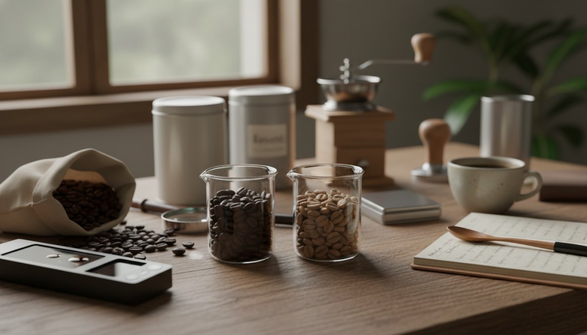 Side-by-side close-up of two handfuls of coffee beans resting on a worn wooden surface in natural daylight, one batch visibly dark and oily with a fresh sheen, the other pale, matte, and dull with a faded appearance