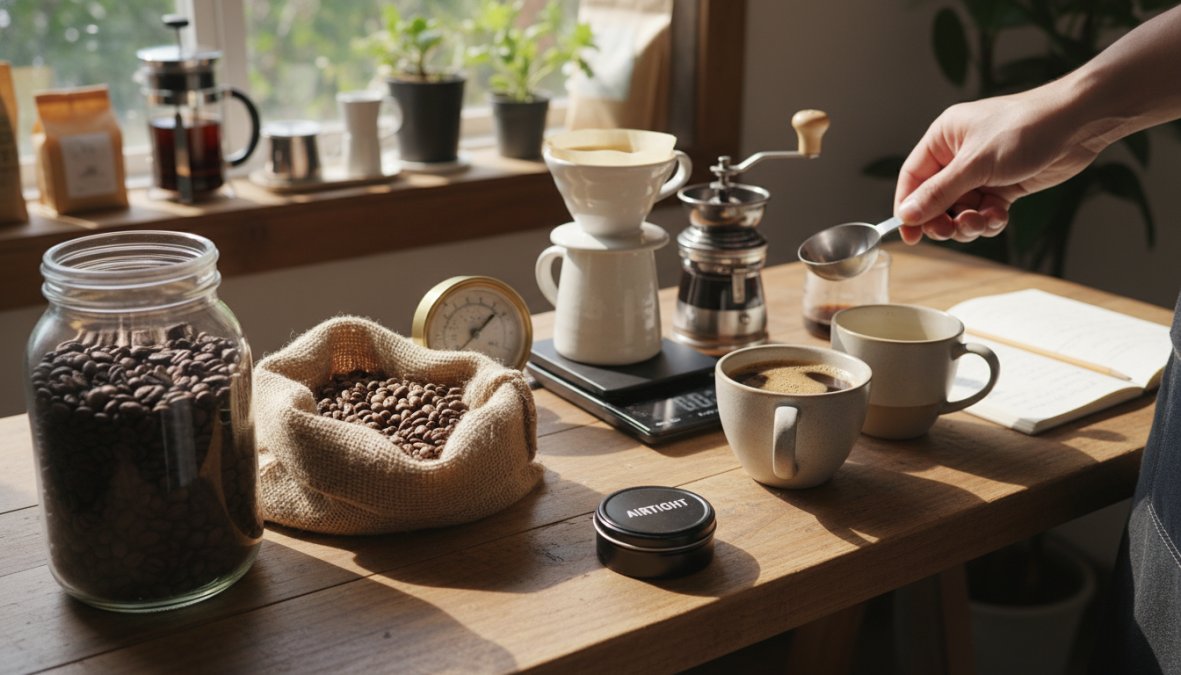 Close-up of five coffee storage canisters lined up on a clean white kitchen countertop, including brushed stainless steel and matte black opaque options, with scattered whole roasted coffee beans in the foreground under warm natural light