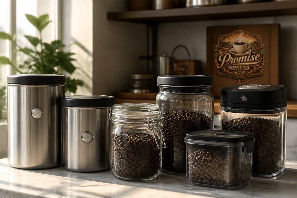 Close-up of various coffee storage containers on a kitchen counter, including stainless steel canisters with one-way valves, glass jars with airtight seals, and vacuum-sealed containers with fresh whole coffee beans visible through transparent sections, natural morning light streaming across the surfaces