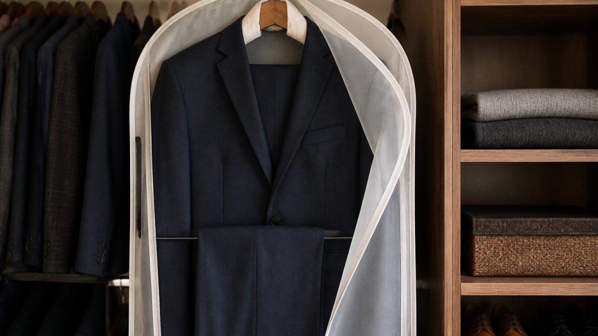 Professional formal suit hanging on a padded wooden hanger inside a breathable garment bag in a well-organized closet, showing proper storage positioning with clear visibility of jacket and trousers