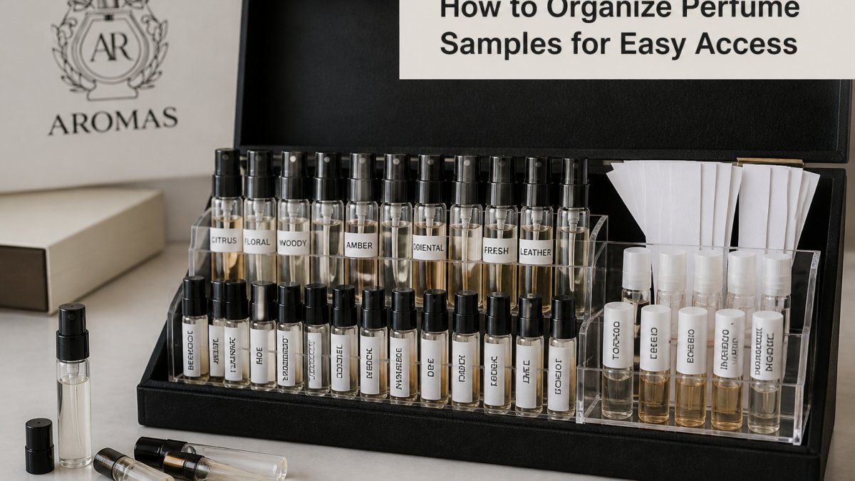 Diagram showing a categorized organization system for fragrance sample vials in a labeled display box