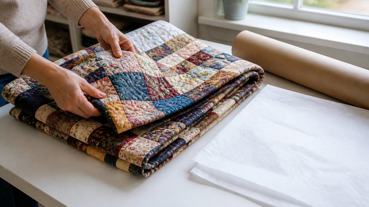 Hands folding a colorful patchwork keepsake quilt on a clean white table, with acid-free tissue paper and a rolled cardboard tube nearby, soft natural window light