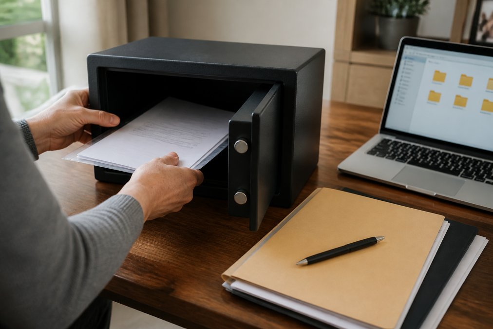 Close-up of hands placing a signed legal document into a small home fireproof safe, with a folder of paperwork and a laptop showing a cloud backup folder on a nearby desk