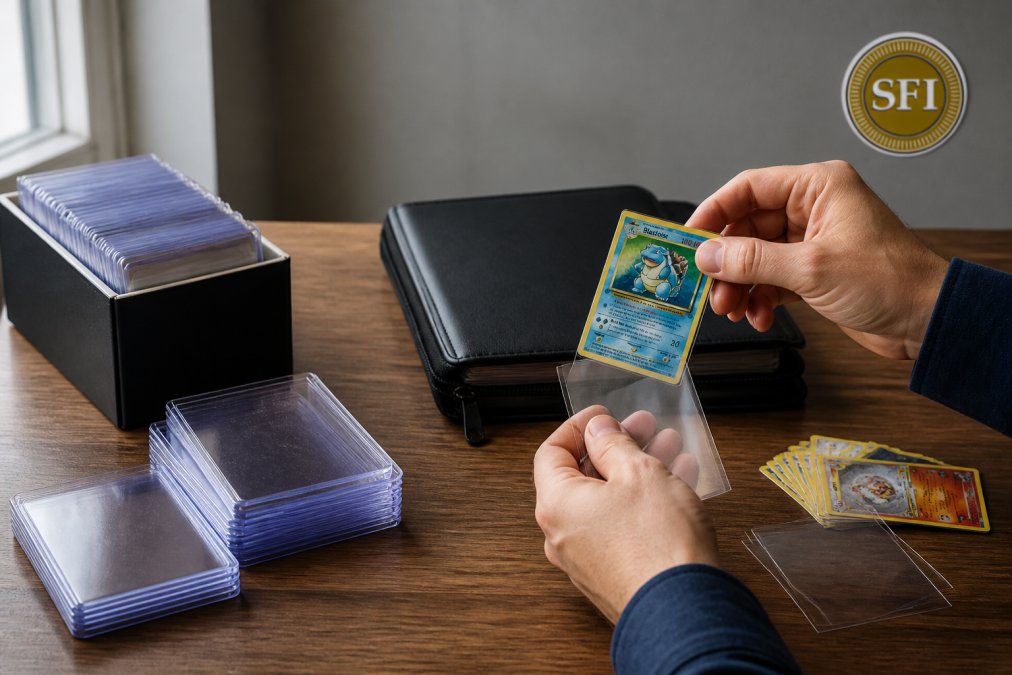 Collector placing a card in a sleeve to store Pokemon cards safely on a desk with top-loaders and a binder.