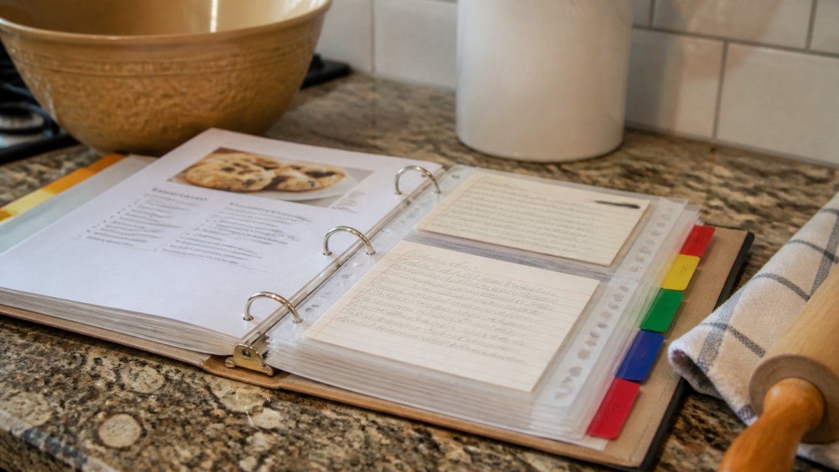 Kitchen counter with an open three-ring binder containing printed recipe pages and handwritten recipe cards protected by clear sheet protectors, with color-coded divider tabs visible, next to a mixing bowl and kitchen utensils