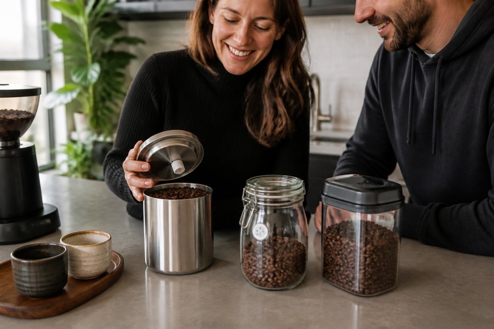 Close-up of various coffee storage containers on a kitchen counter, stainless steel canisters with one-way valves, opaque glass jars with airtight seals, and vacuum-sealed containers with fresh roasted beans visible inside