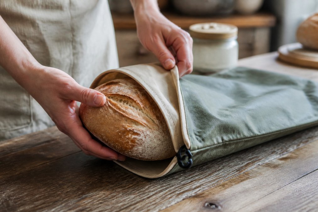Close-up of a freshly baked sourdough loaf being placed into a beeswax-lined bread bag with clip closure on a rustic kitchen counter