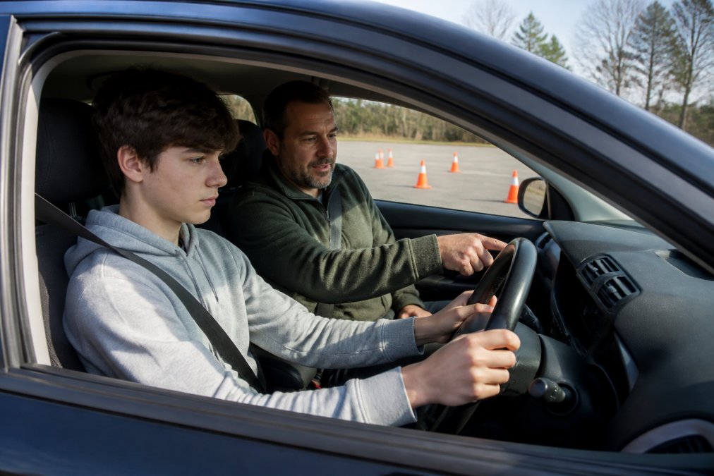 Parent calmly guiding a focused teen driver during a practice session in an empty parking lot with traffic cones.