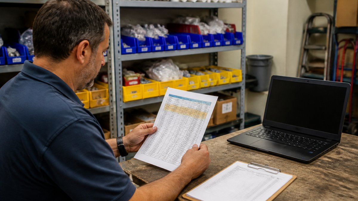 A facilities manager at a desk reviewing a printed maintenance inventory spreadsheet with a laptop open, shelves of labeled parts bins visible in the background